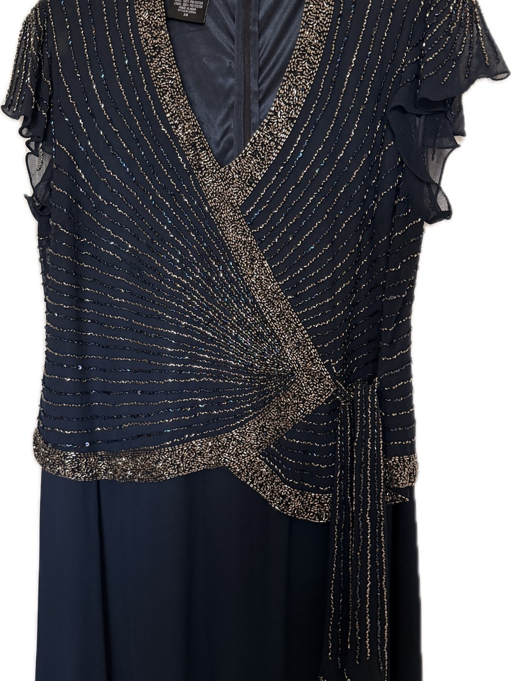 J Kara Navy and Metallic Beaded Wrap-Style Maxi Dress - Picture 3 of 6